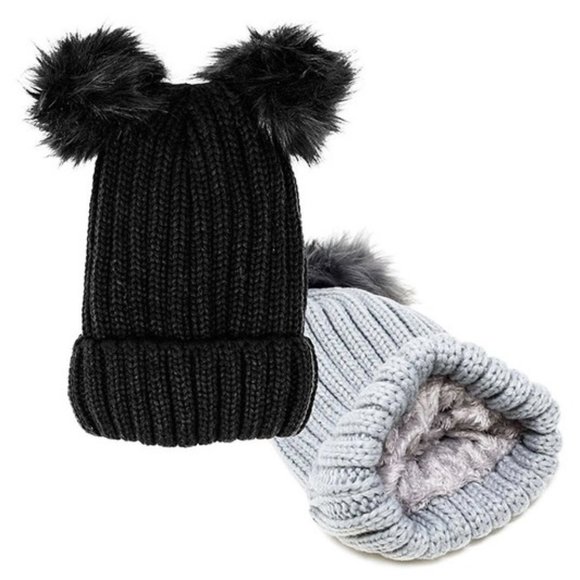 DOUBLE POMPOM BLACK KNIT HAT - Picture 2 of 2